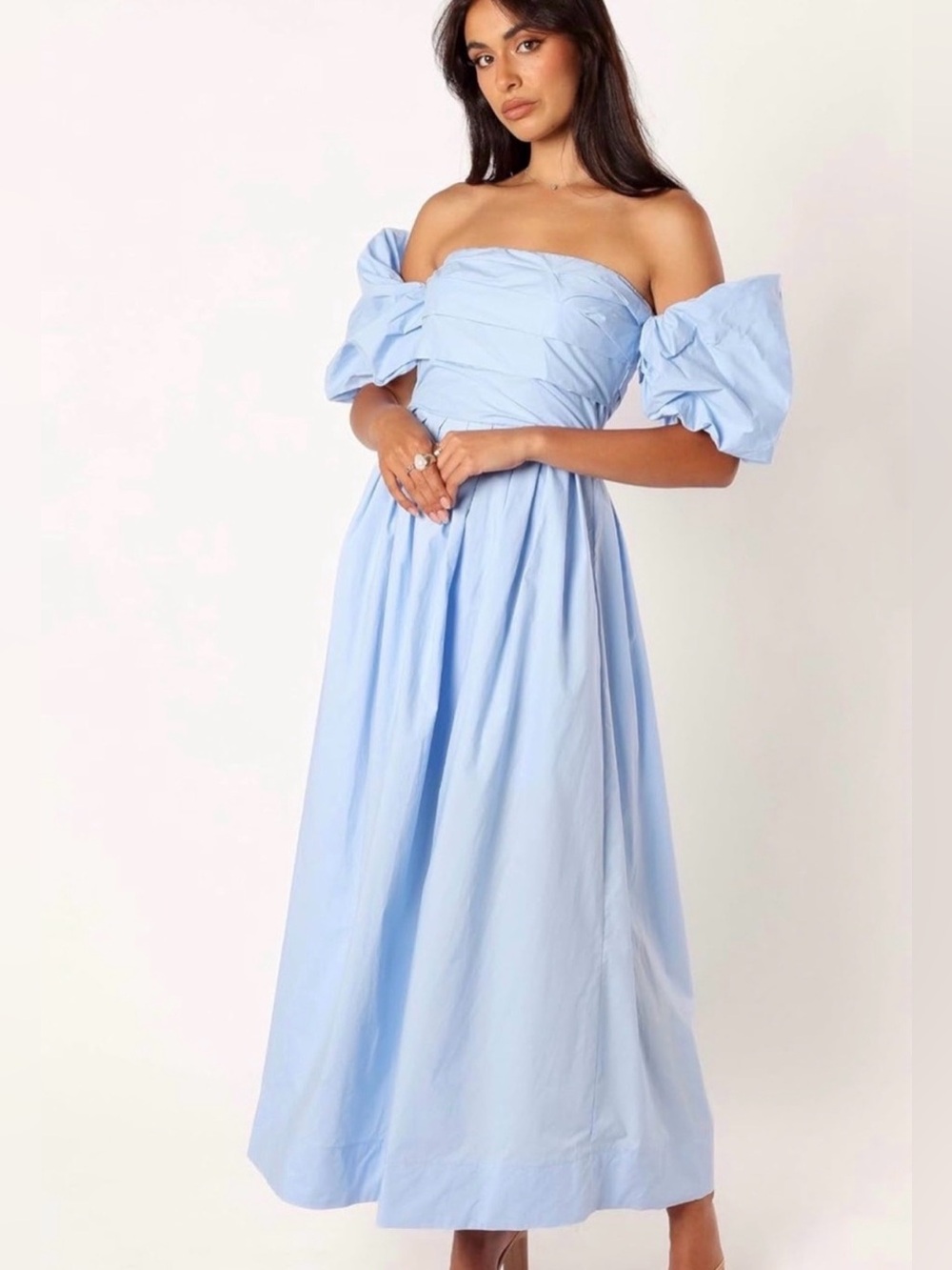 Petal & Pup Powder Blue Strapless Puff Sleeve Midi Dress